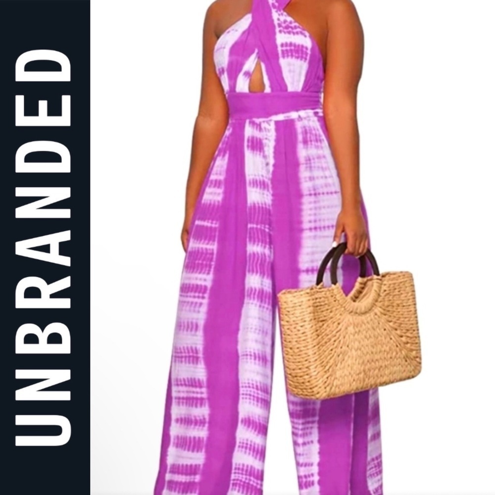 NWOT Unbranded Tie Dye Jumpsuit. Criss Cross Front Tie Purple & White.